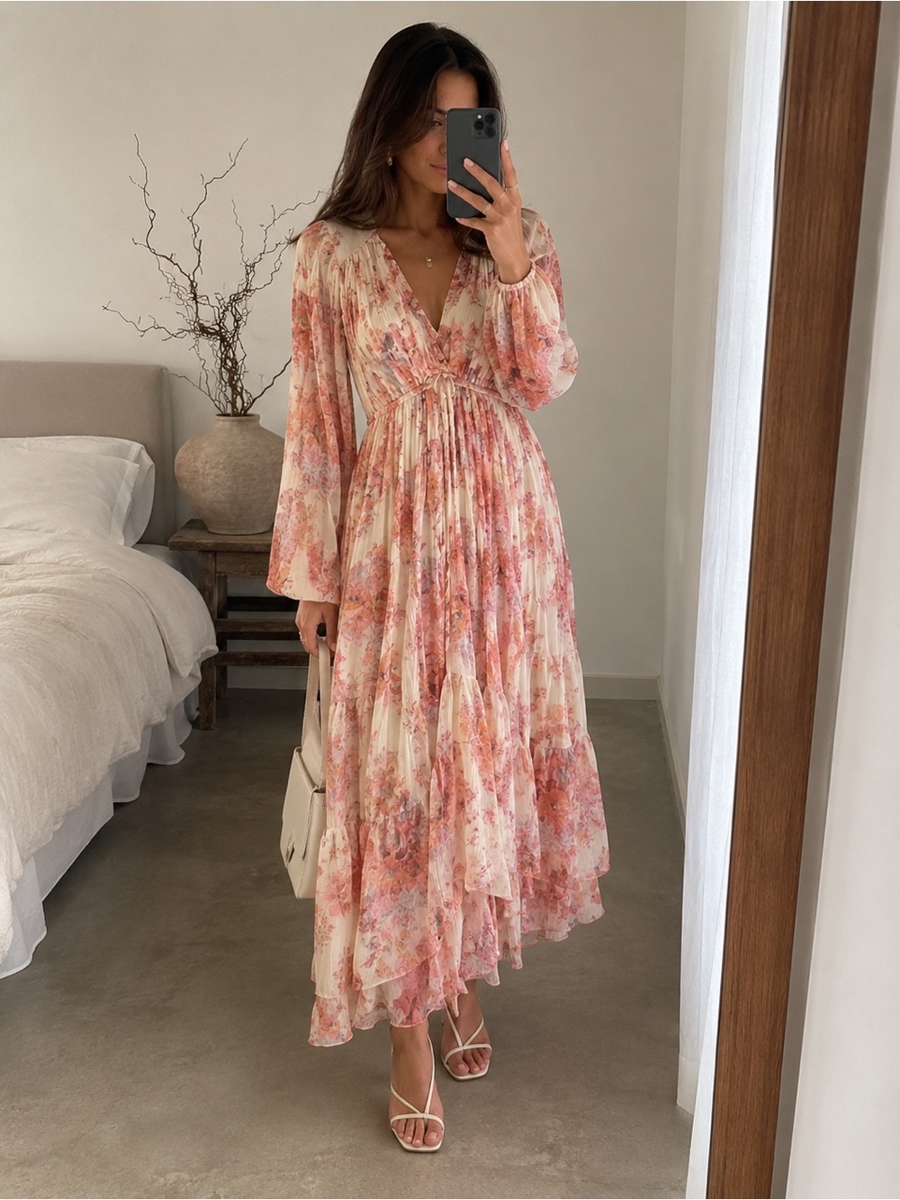 Zimmermann Devi Gathered Yoke Silk Floral Maxi Dress Long Sleeve Size 1